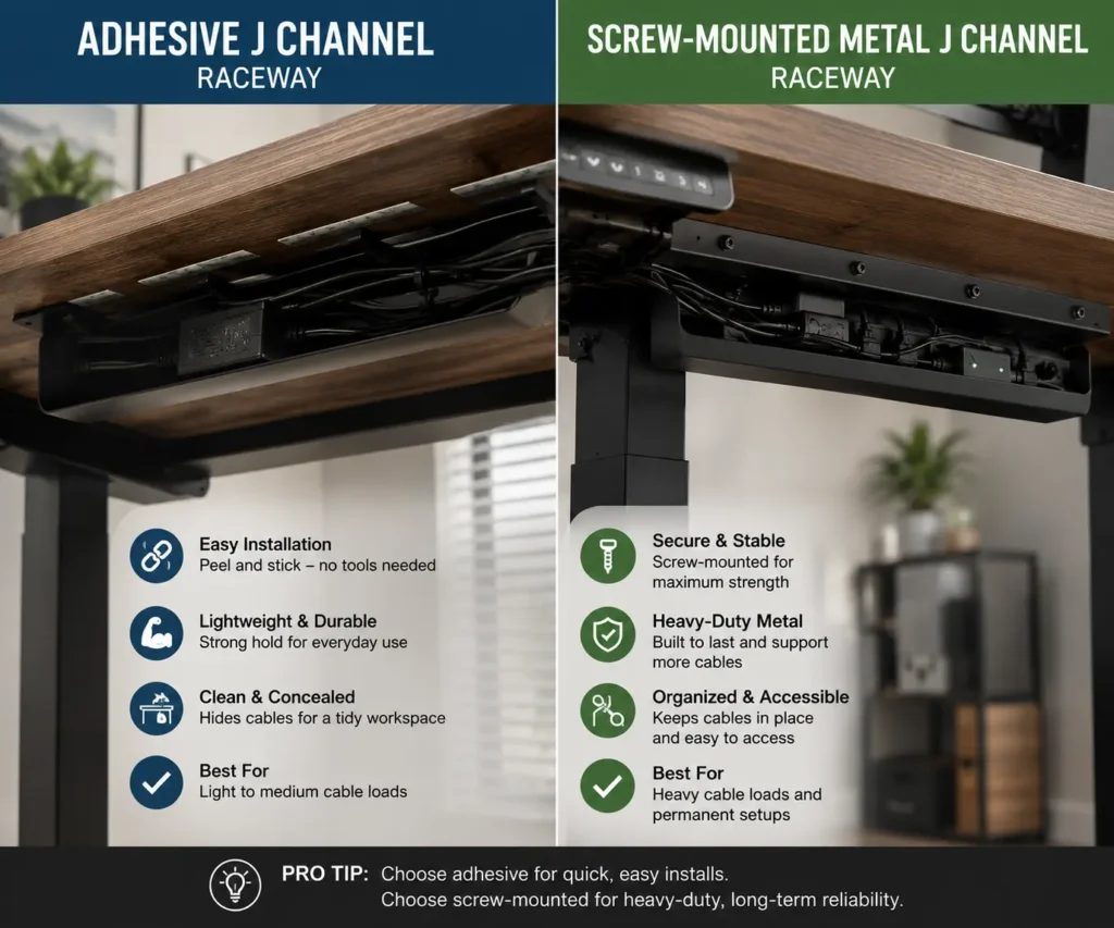 Adhesive and screw mounted J channel cable raceways comparison