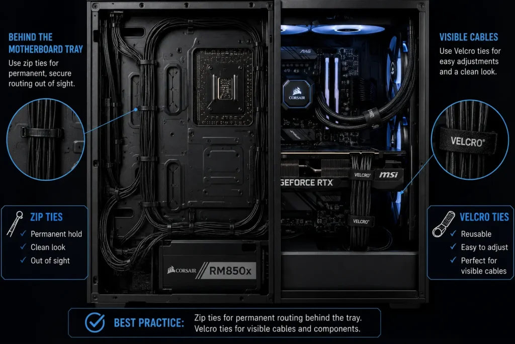 hybrid cable management using zip ties and velcro in pc