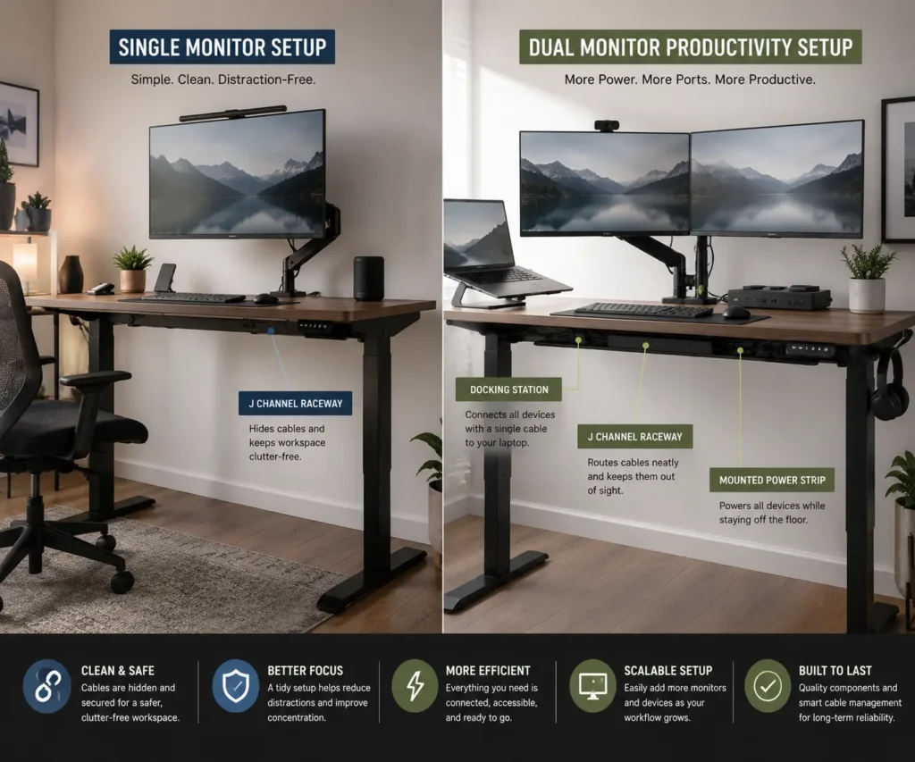 Single monitor and dual monitor standing desk cable management examples