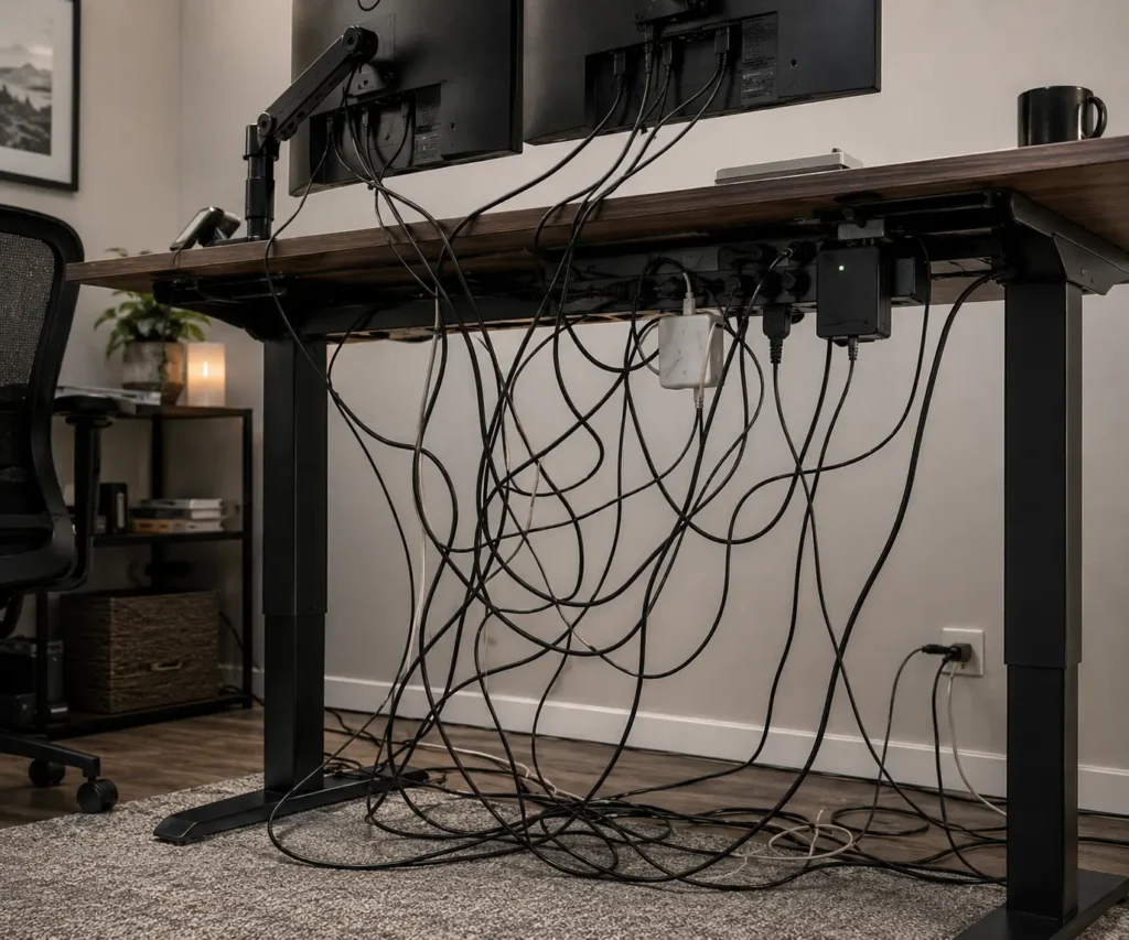 Messy cables hanging below a standing desk