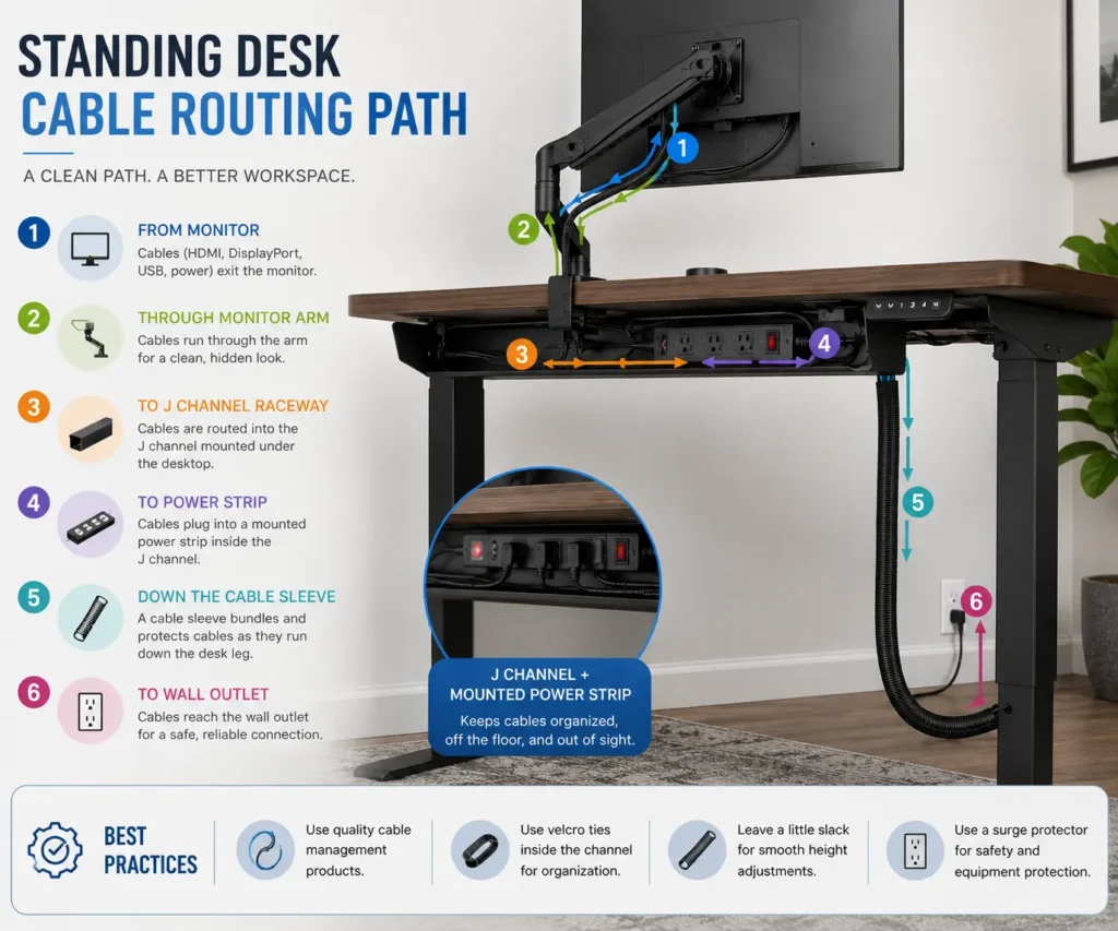 Cable routing path for a standing desk using a J channel raceway