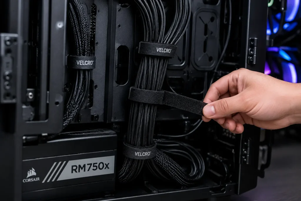 velcro ties used for flexible pc cable management