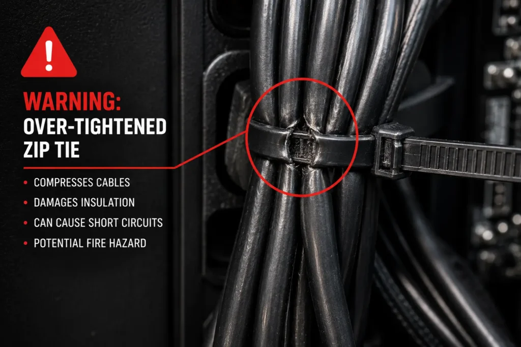over tightening zip ties causing cable damage