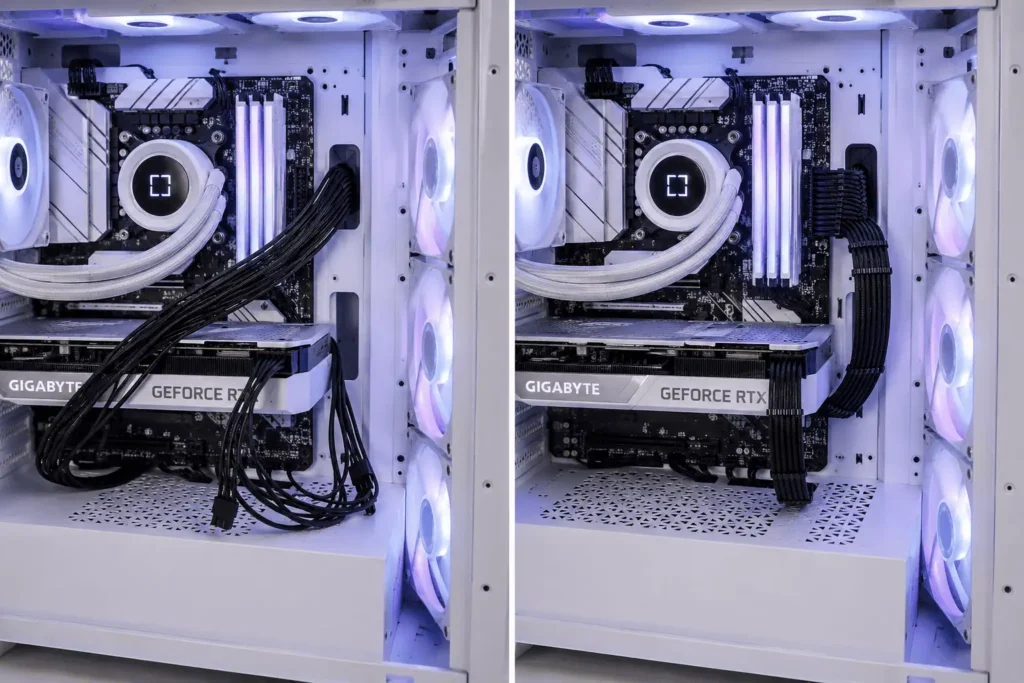 Before and after comparison of 24-pin ATX cable routing