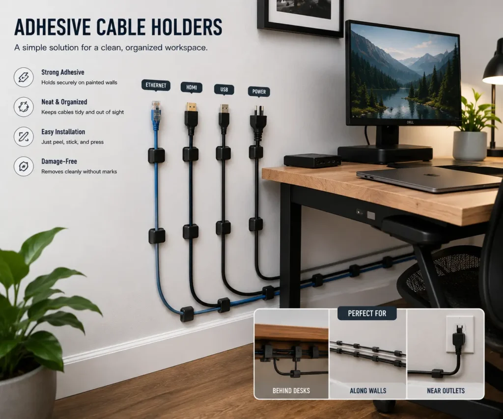 Adhesive cable holders used for wall routing behind a home office desk