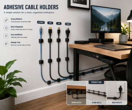 Adhesive cable holders used for wall routing behind a home office desk