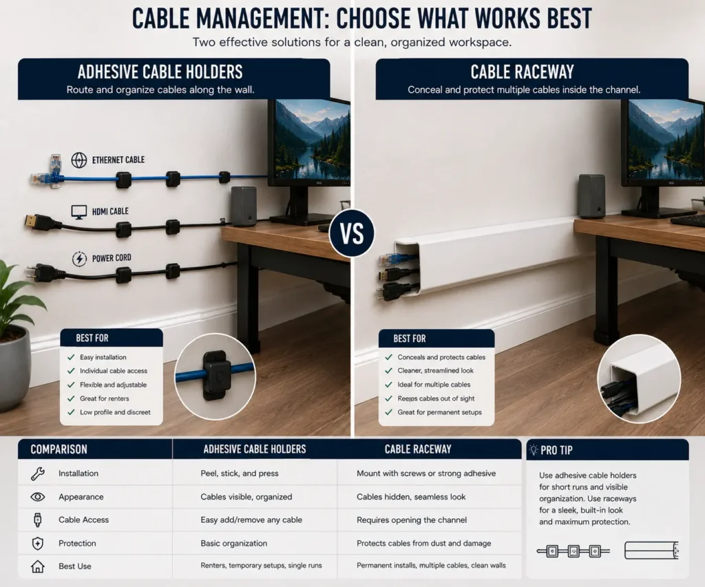 Comparison between adhesive cable holders and cable raceways for cable management