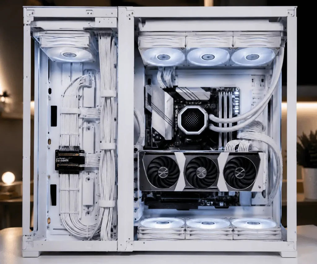 Organized radiator fan cable management in a PC case