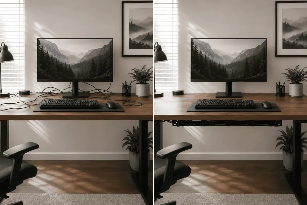 Before and after cable management for wired peripherals