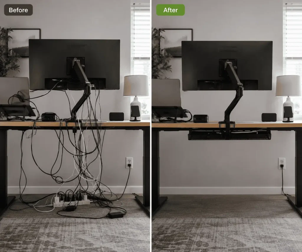 Before and after minimalist desk cable management comparison