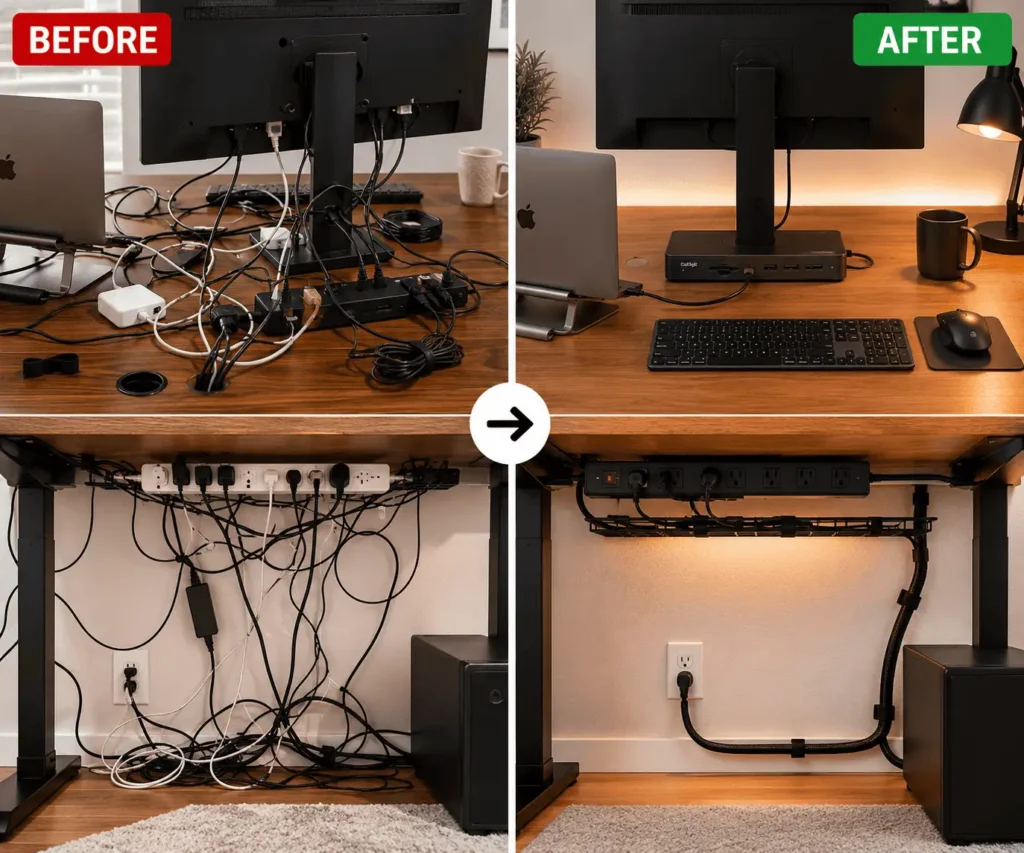 Before and after organizing laptop docking station cables on a small desk