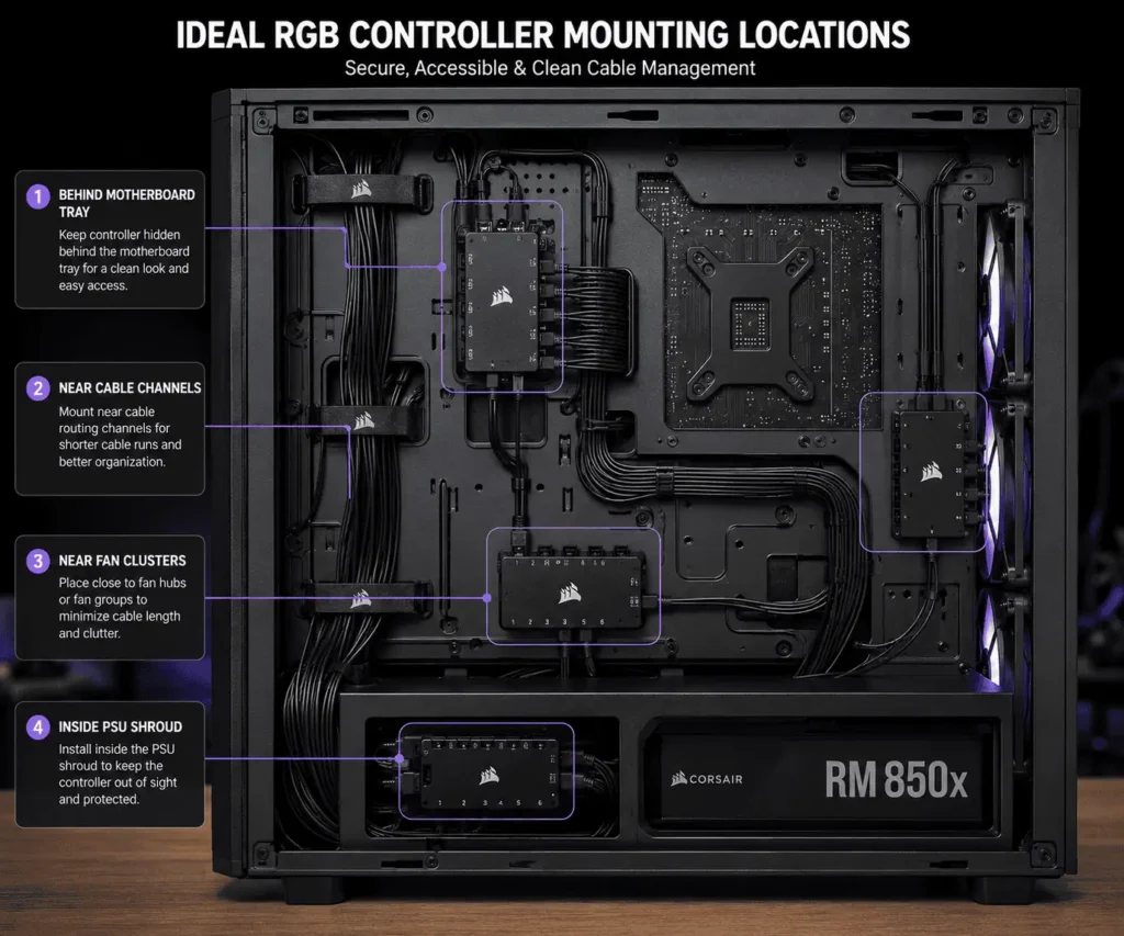 Best locations to mount an RGB controller inside a PC case