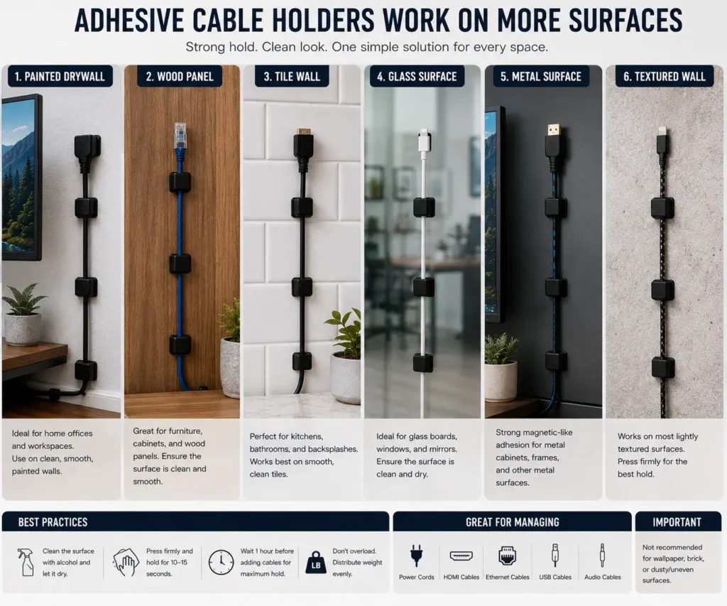 Different wall surfaces suitable for adhesive cable holders