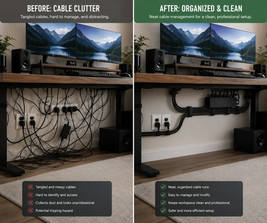 Before and after desk cable management using braided cable sleeves