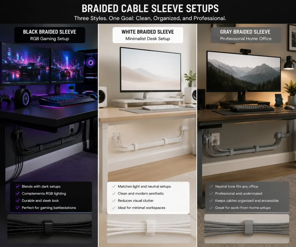 Black white and gray braided cable sleeves for different desk setup styles