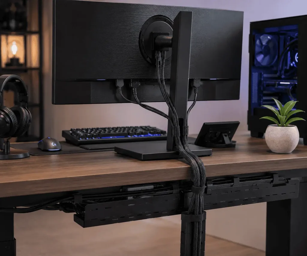 Braided cable sleeves improving the appearance of visible desk cables