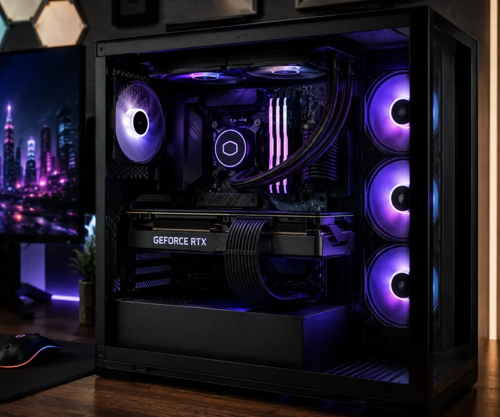 Cable combs used for neat GPU wiring in a custom gaming PC build