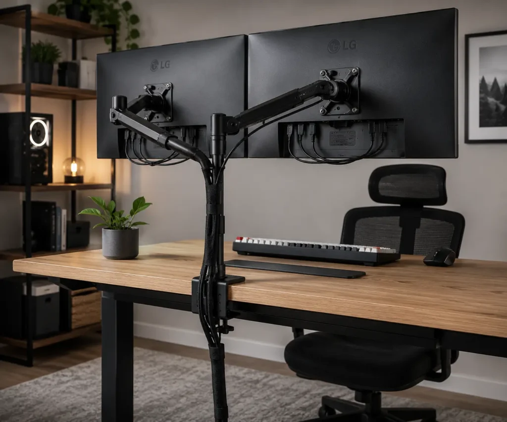 Cable management sleeves organizing cables behind a clean dual monitor PC setup