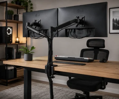 Cable management sleeves organizing cables behind a clean dual monitor PC setup