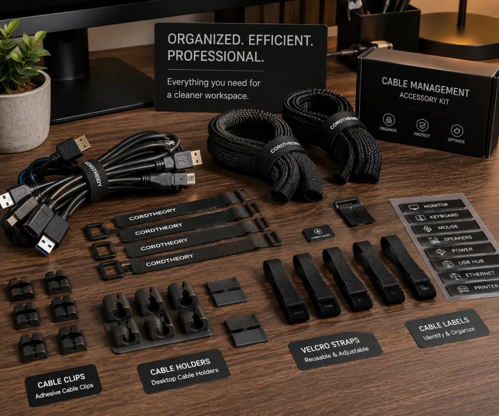 Velcro straps braided cable sleeves and cable clips used for dual monitor cable management