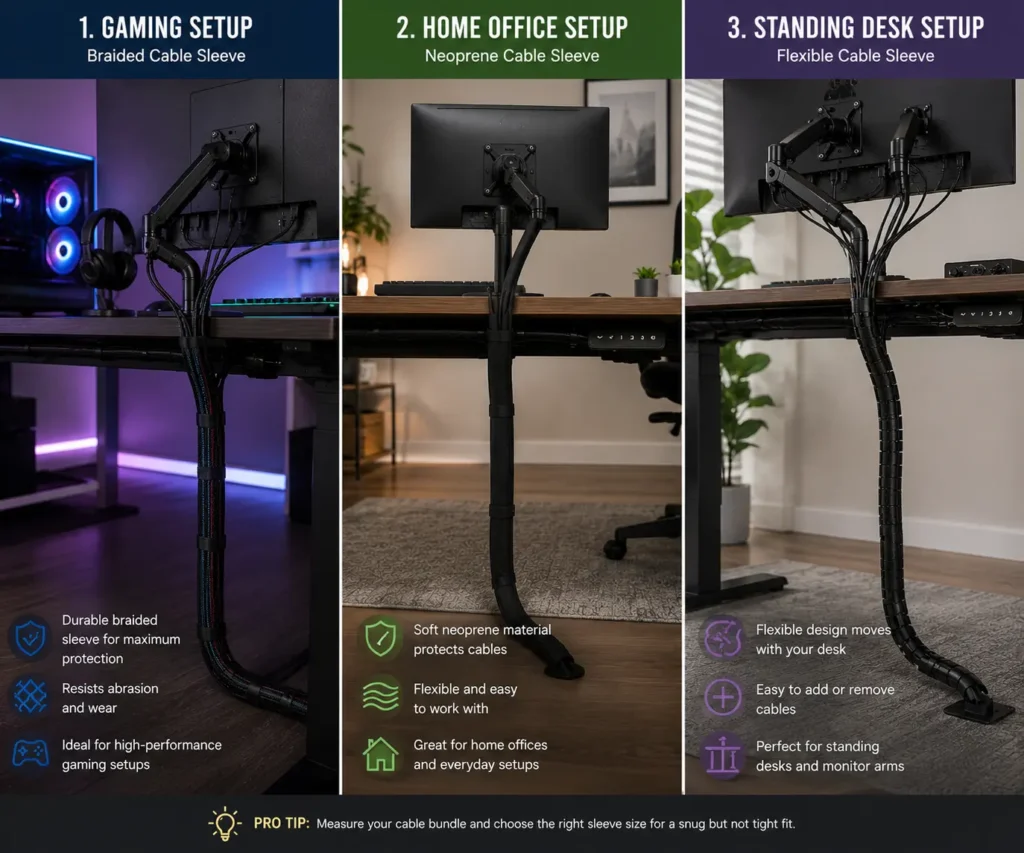Cable management sleeves used in gaming, home office and standing desk setups