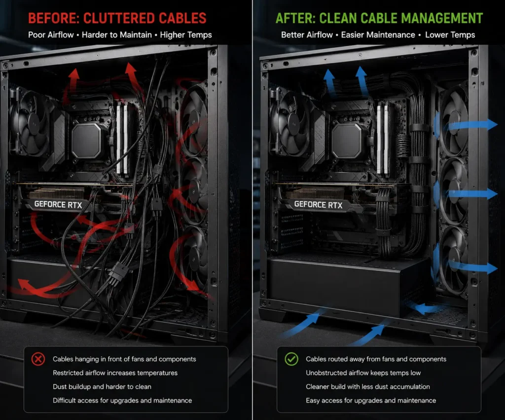 Comparison of poor cable management blocking airflow versus organized cable routing inside a PC case