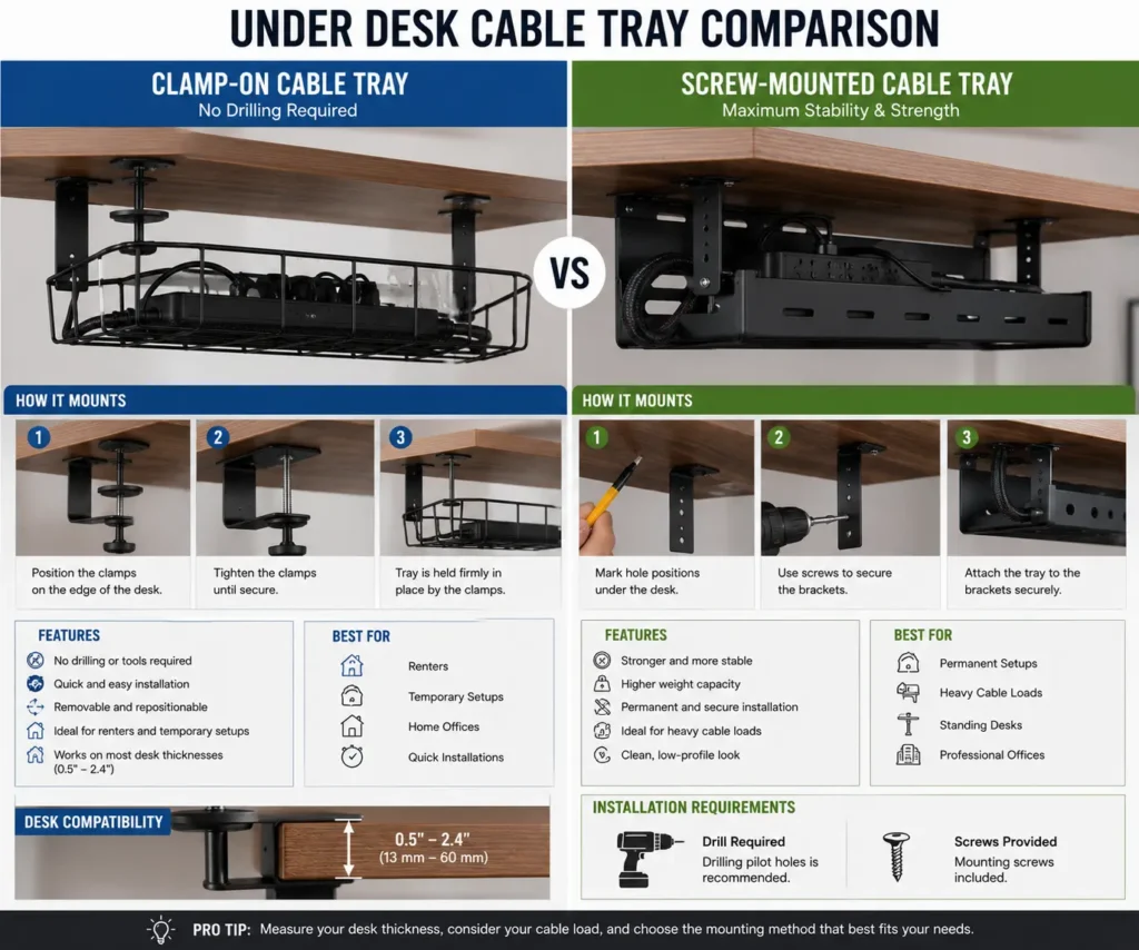 Clamp-on cable tray versus screw mounted cable tray comparison