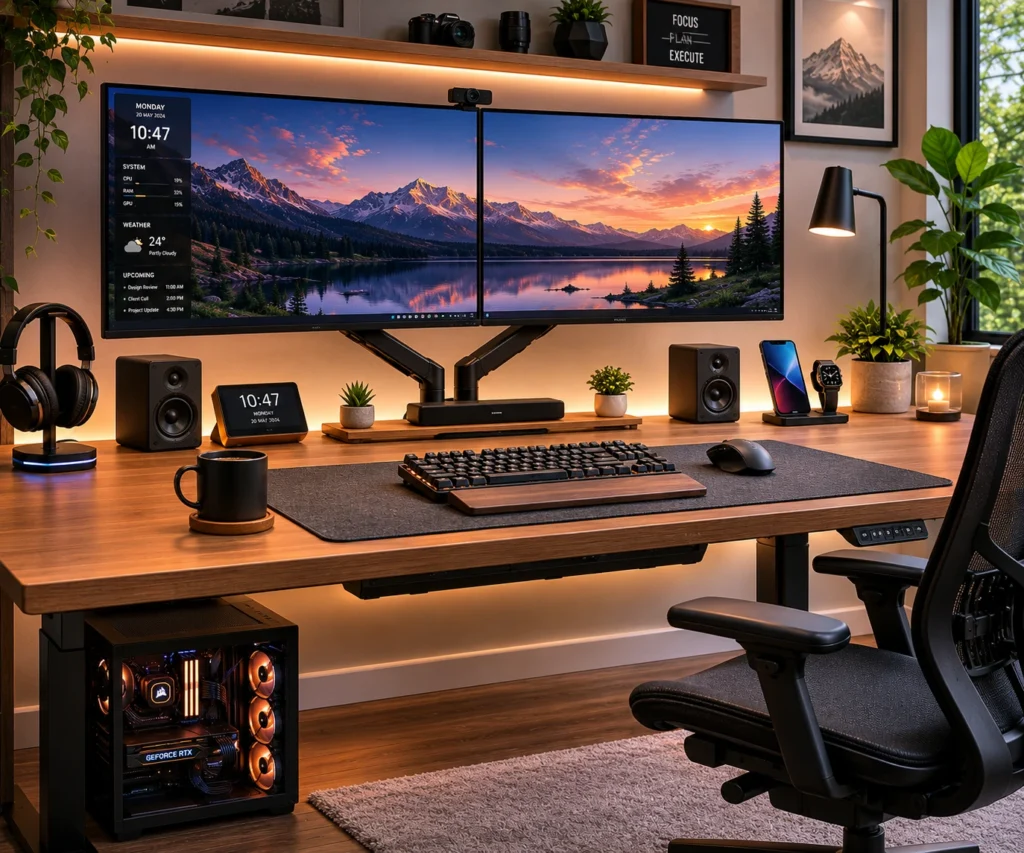 Finished dual monitor setup with hidden cables and clean cable management