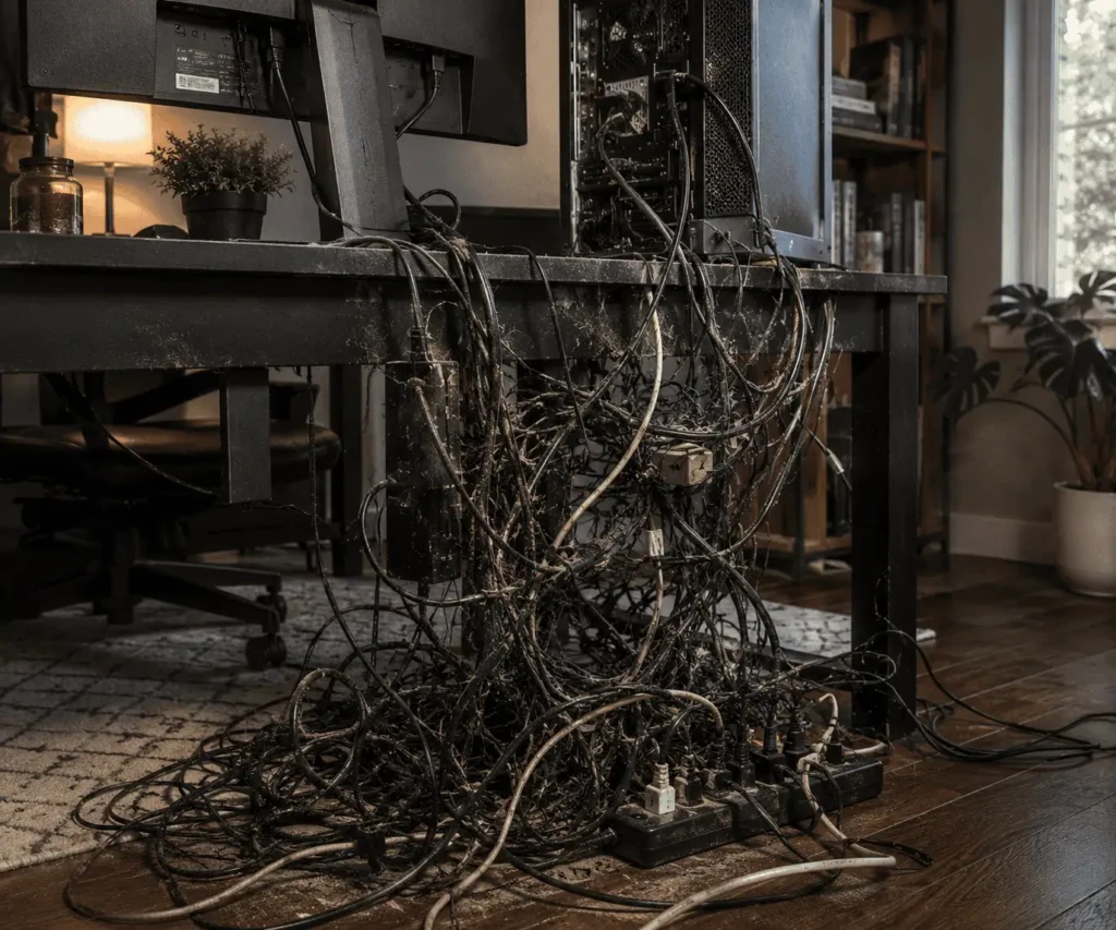 Dusty tangled PC cables behind a desktop computer before cleaning