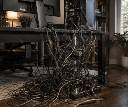Dusty tangled PC cables behind a desktop computer before cleaning