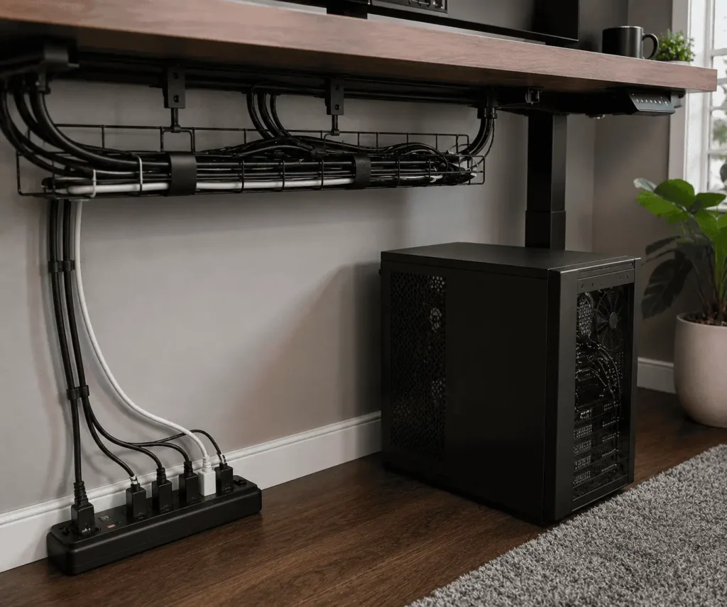 Clean and dust-free PC cables organized behind a computer desk