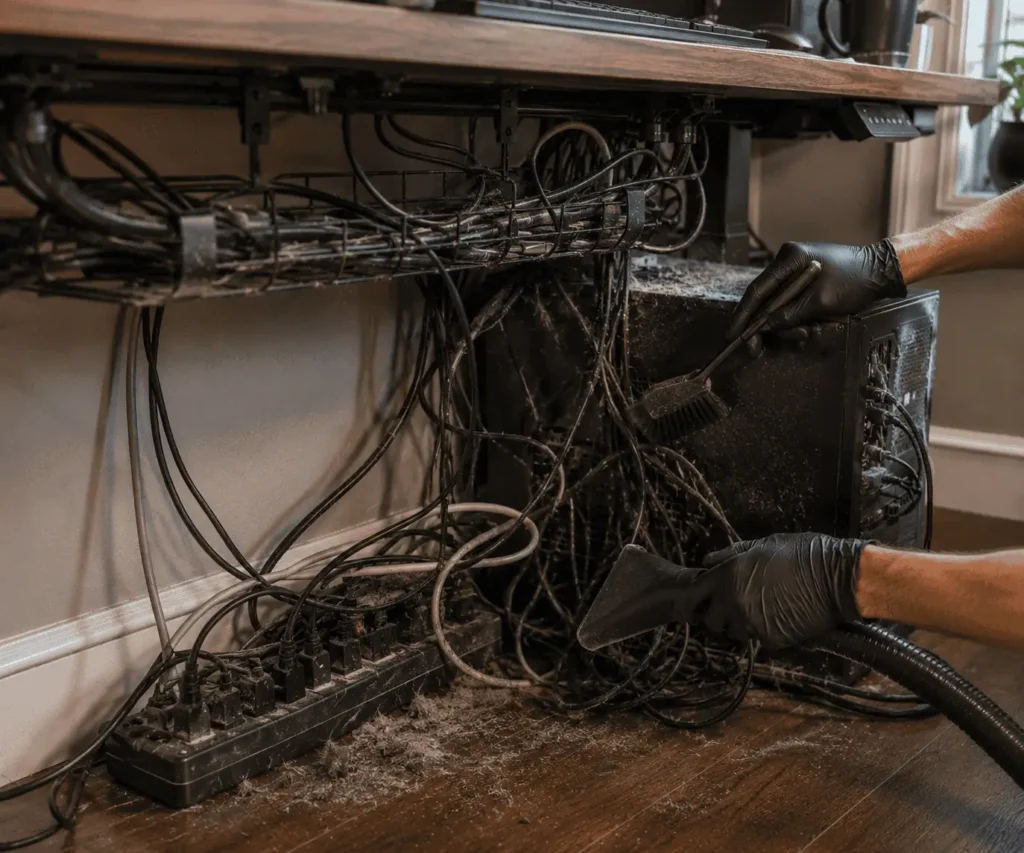 Cleaning dust behind a computer desk around power strips and cable trays