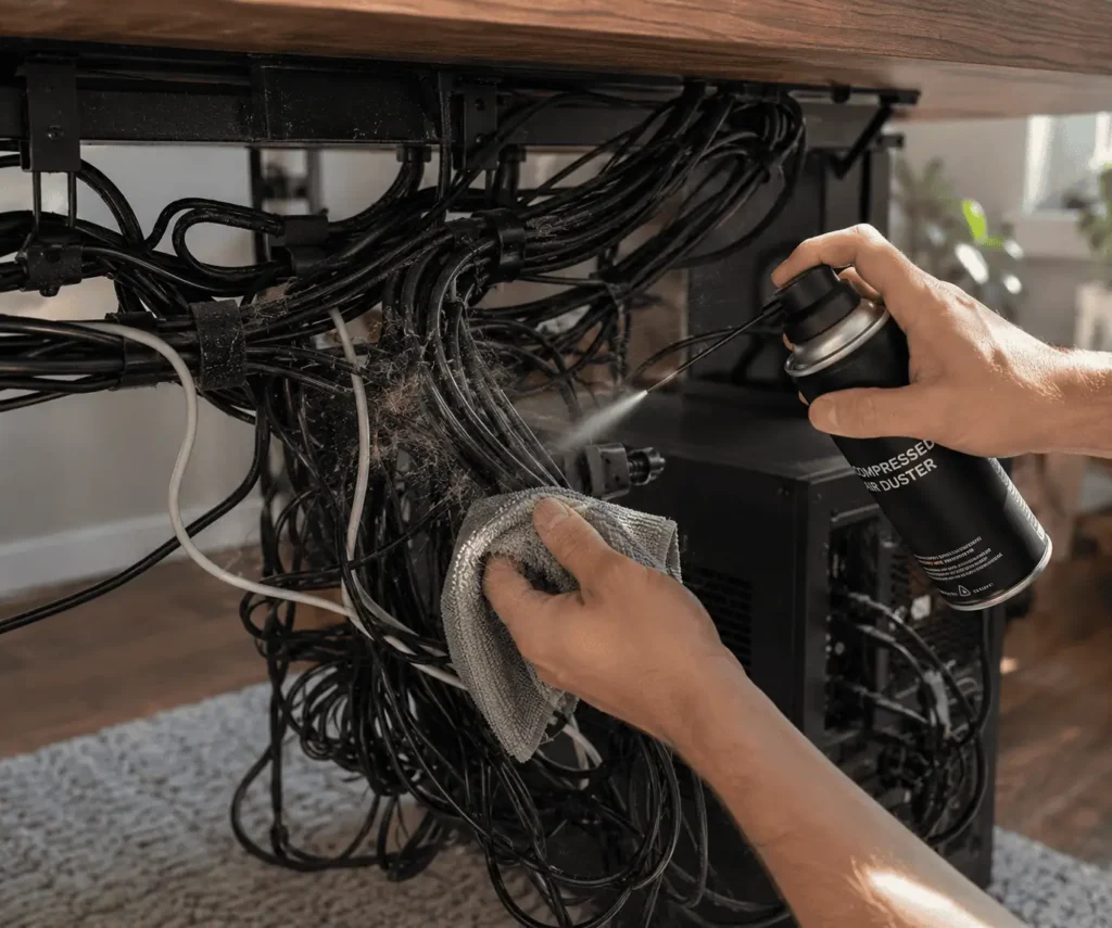 Cleaning dust from tangled PC cables using compressed air and microfiber cloth