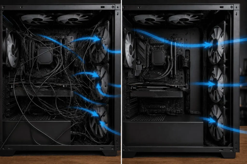 Comparison of incorrect and correct fan cable routing in a high airflow PC build.