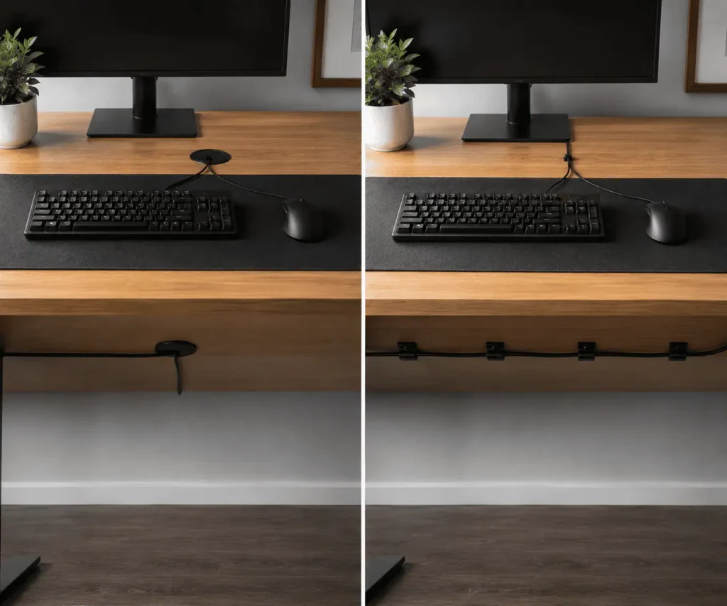 Different ways to route keyboard and mouse cables on desks with and without cable grommets
