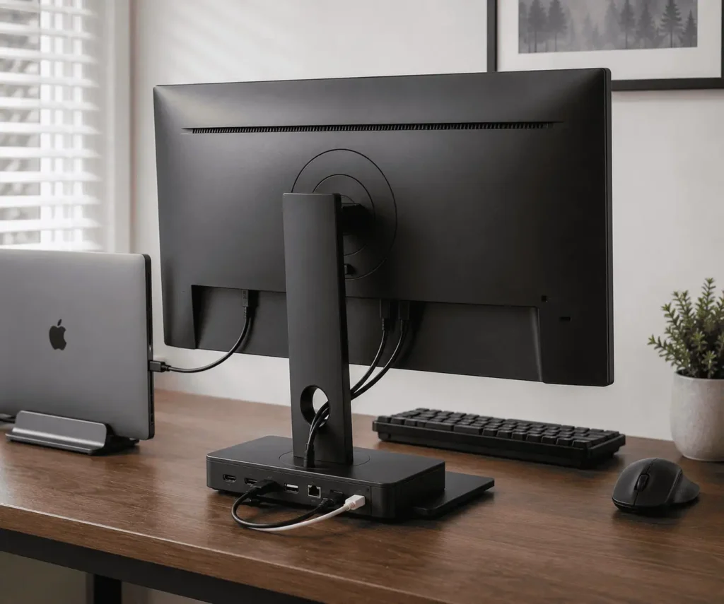 Laptop docking station hidden behind monitor on a compact desk