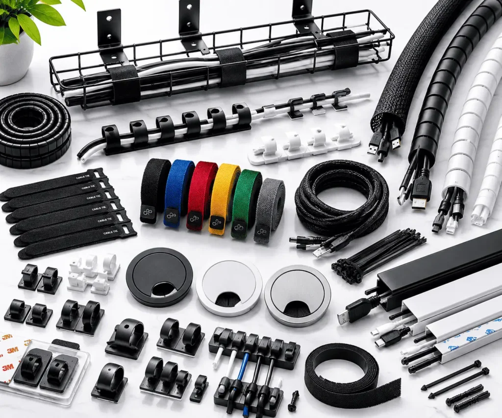 Cable clips cable sleeves Velcro ties and under desk cable tray for docking station setup