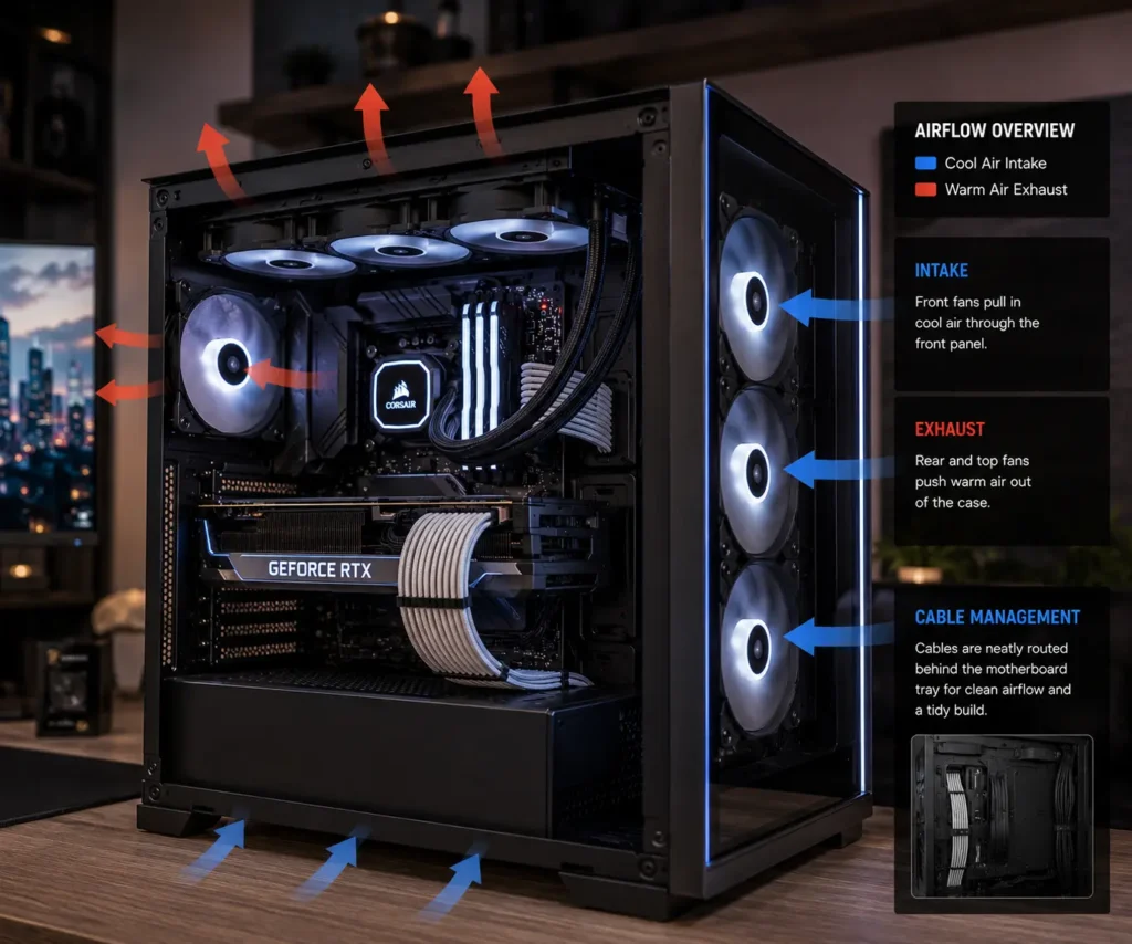 Server rack with structured cabling and clear airflow channels for cooling efficiency