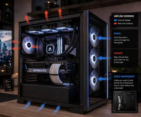 Server rack with structured cabling and clear airflow channels for cooling efficiency