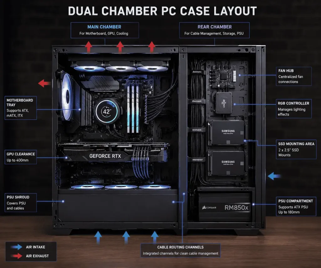 Dual chamber PC case layout showing main chamber and rear chamber