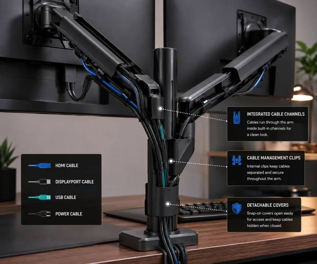 Monitor cables routed through built-in cable channels on a dual monitor arm