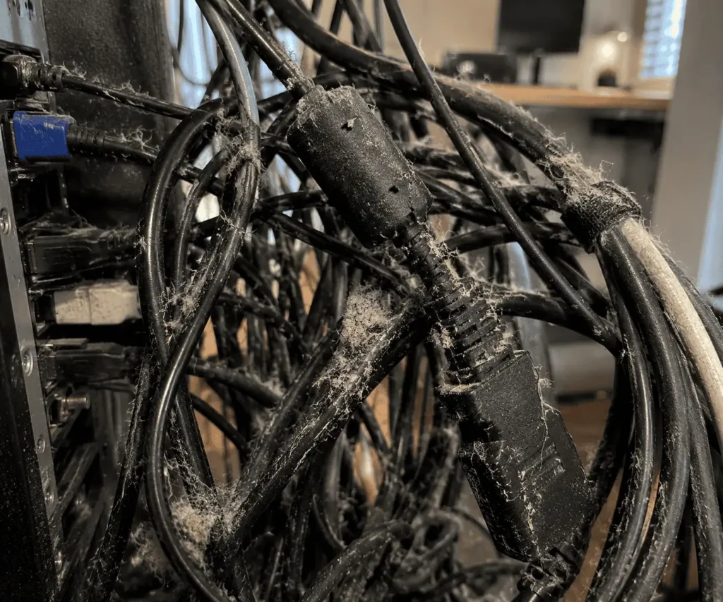 Visible dust buildup and dust balls trapped in tangled cable bundles