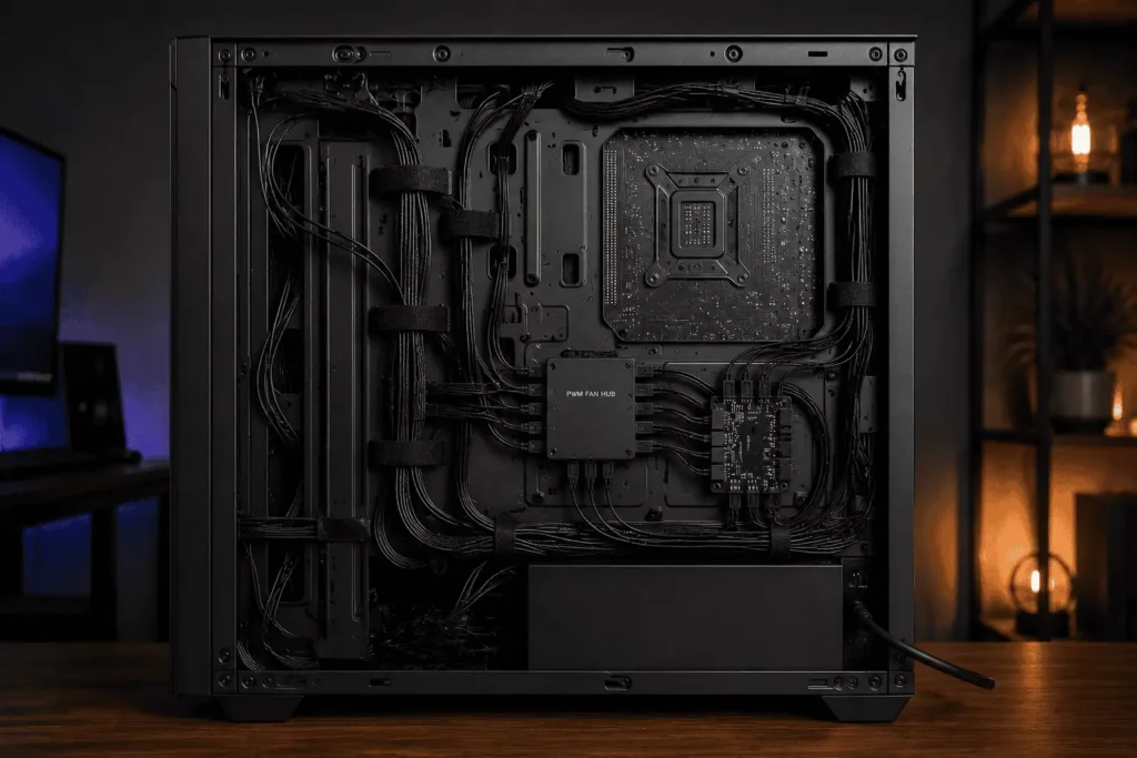 PWM fan hub mounted behind the motherboard tray with neatly organized fan cables.