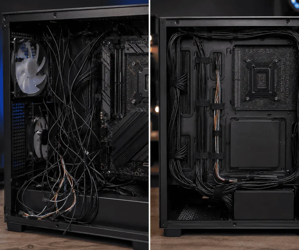 Comparison of messy and organized front panel header cable routing inside PC case