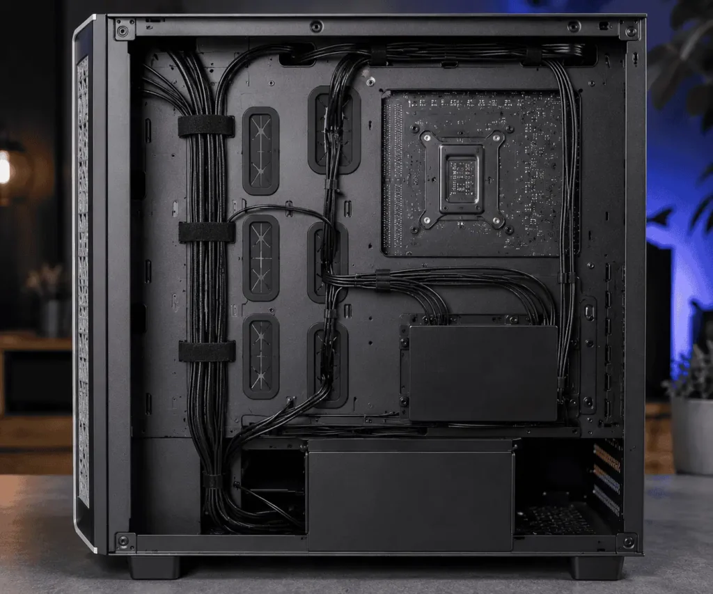 Proper front panel header cable routing through motherboard tray openings