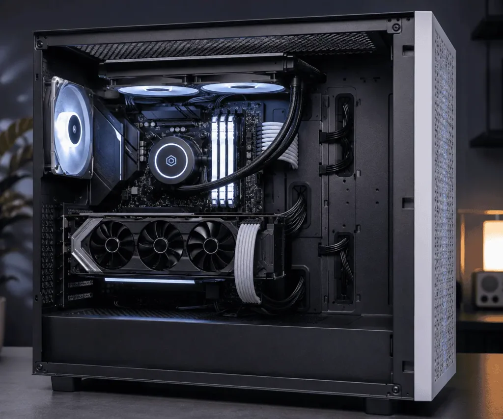 Front panel header cable organization inside a custom gaming PC build