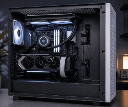 Front panel header cable organization inside a custom gaming PC build