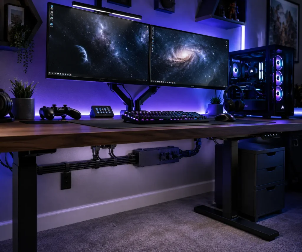 Gaming setup using braided cable sleeves for cable management