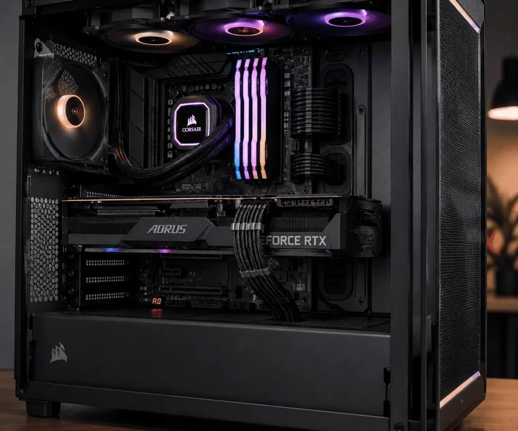 Cable combs organizing GPU power cables inside a gaming PC