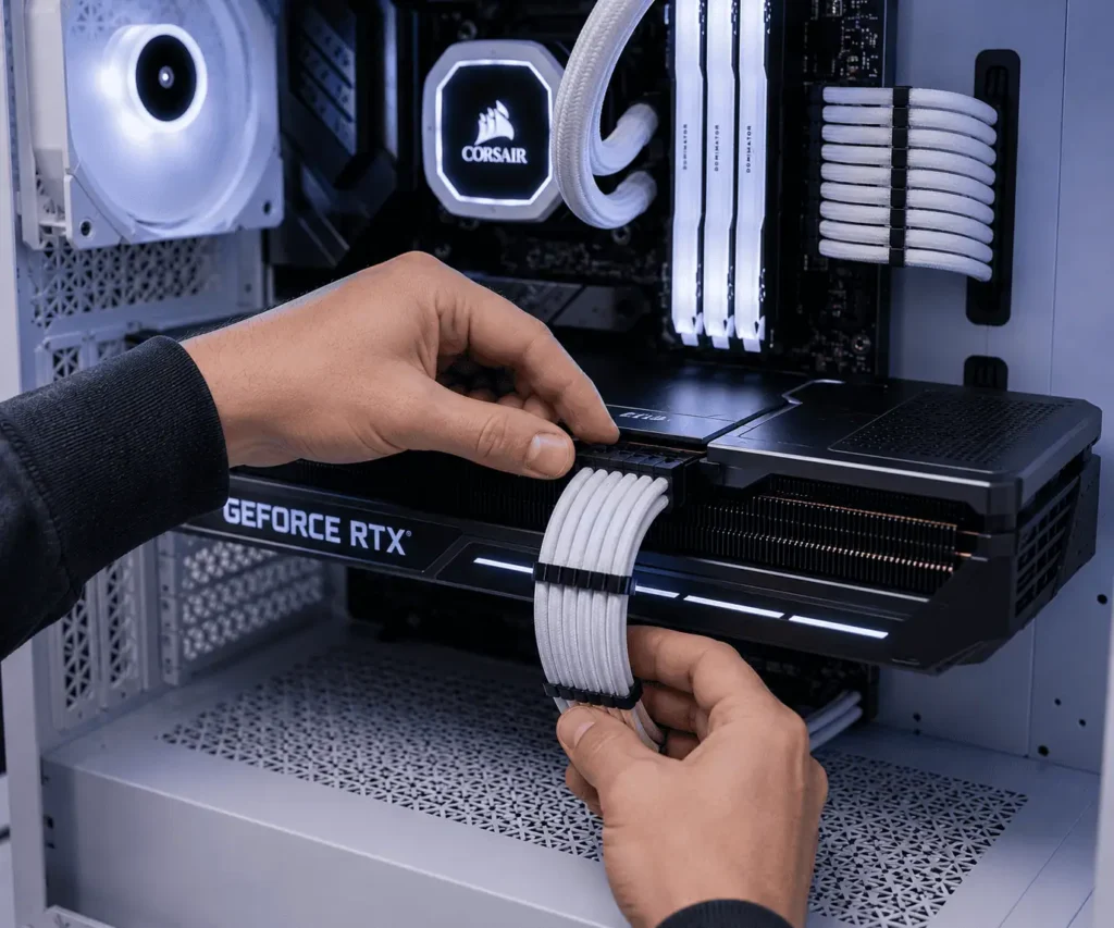 Checking GPU power connector for cable strain and proper seating